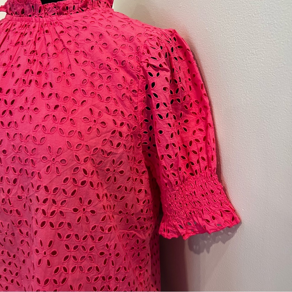 J. Crew Eyelet Top Ruffle Mock Neck Short Sleeve Blouse - Picture 2 of 8